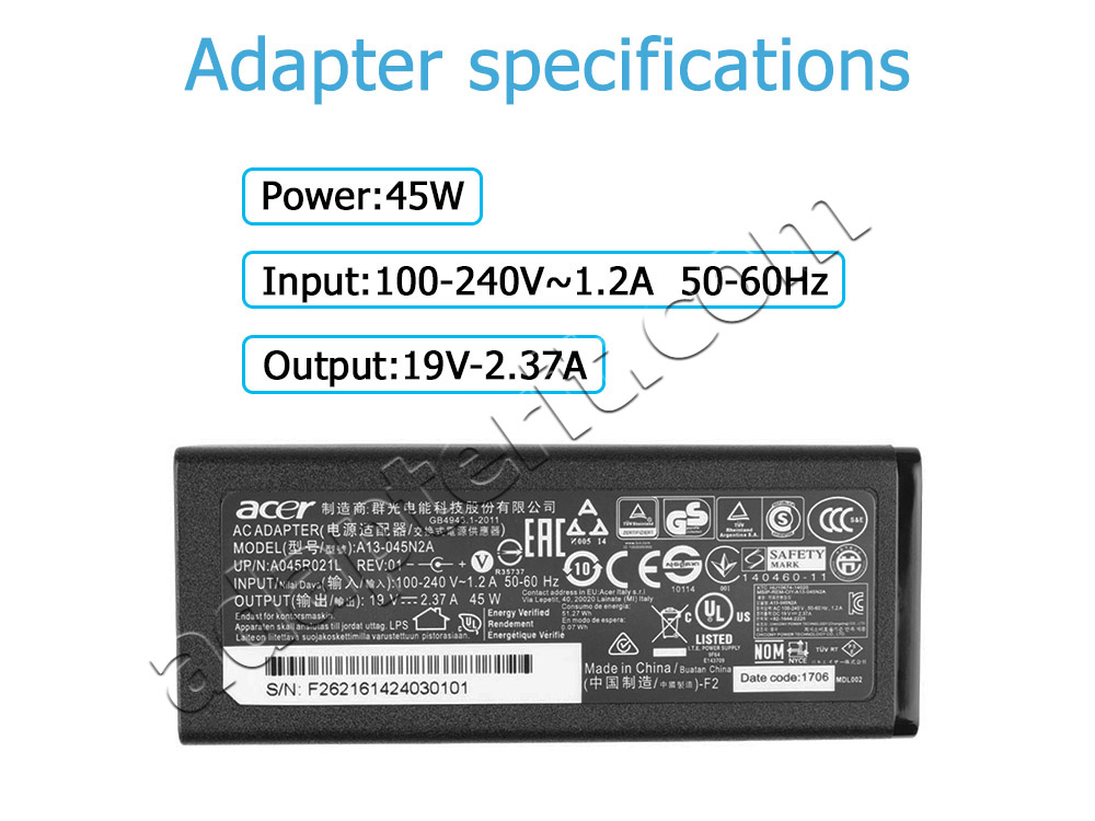 Alkuperäinen 45W Adapteri Laturi Acer Swift 5 SF514-51-780R - Sulje napsauttamalla kuva