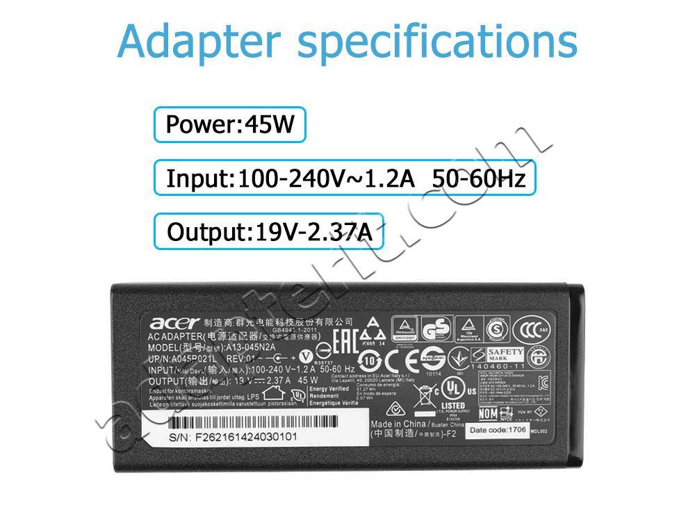 Alkuperäinen 45W Adapteri Laturi Acer Swift 1 SF113-31-P9TR