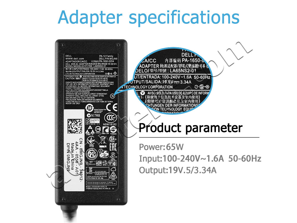 Alkuperäinen 65W Adapteri Laturi Dell 5NW44 05NW44 074VT4 74VT4