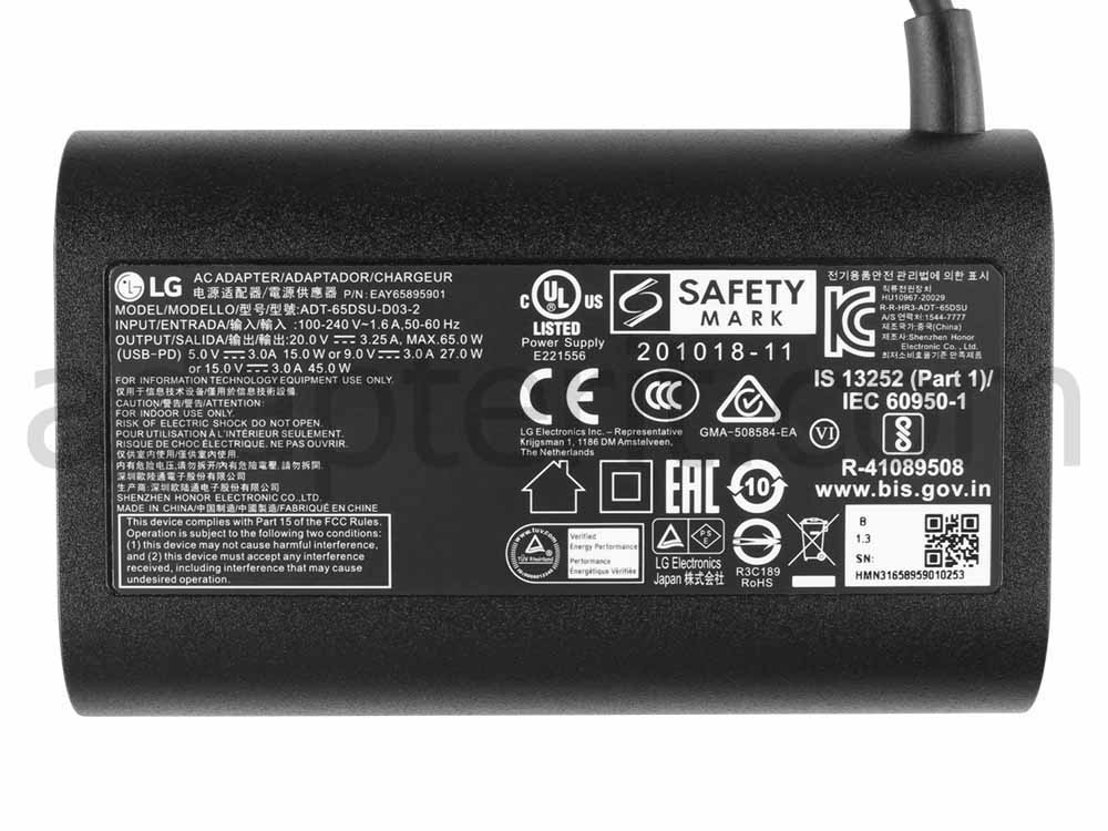 Alkuperäinen 65W USB-C LG Gram 17Z90Q-G.AD7CG Adapteri Laturi + Kaapeli