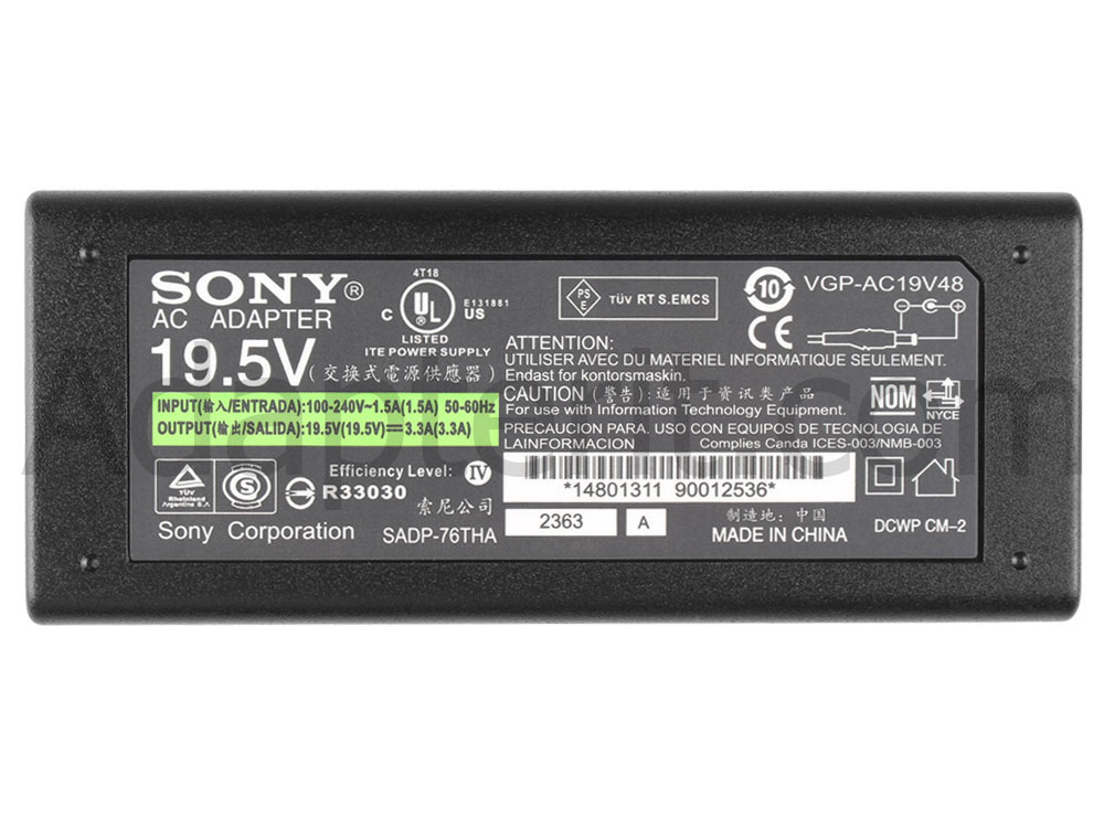 Alkuperäinen 65W Adapteri Laturi Sony VGP-AC19V43 VGP-AC19V48